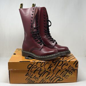 Dr Martens 1914 Combat Boots Womens 6 Cherry Red Smooth Leather 14 Eye Lace Up